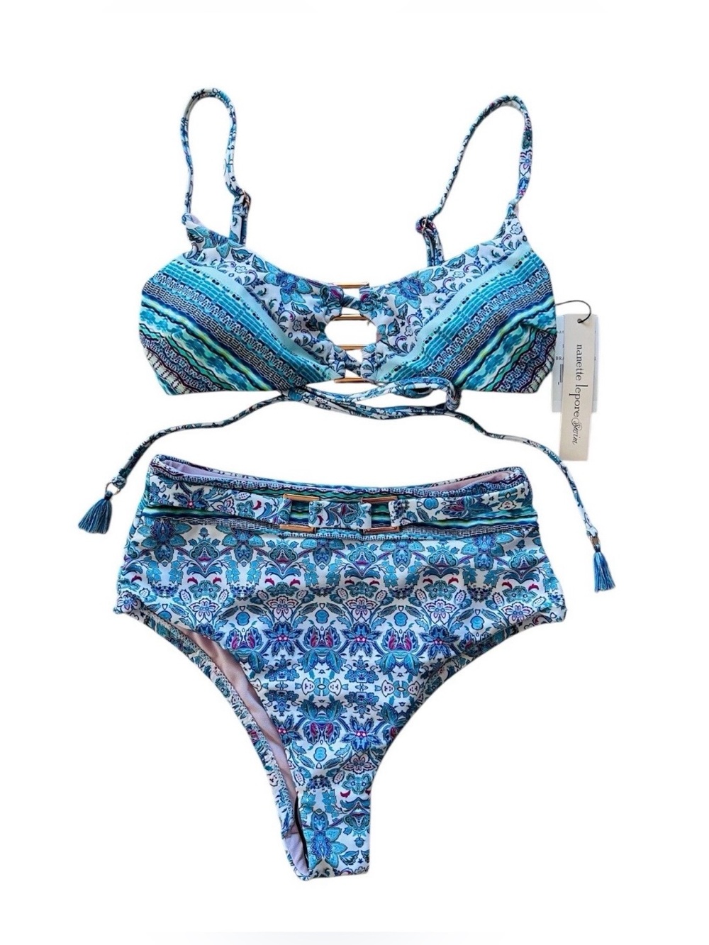 NANETTE LEPORE Iris Bralette 2 Pc Boho Bikini Swimsuit Sz 4 NWT High Waist Beach - Picture 2 of 8